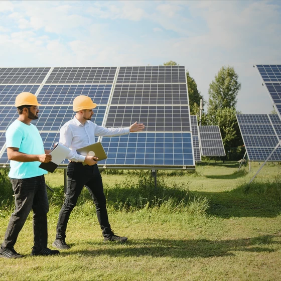 2 hommes avec des casques de chantier devant des panneaux solaires 