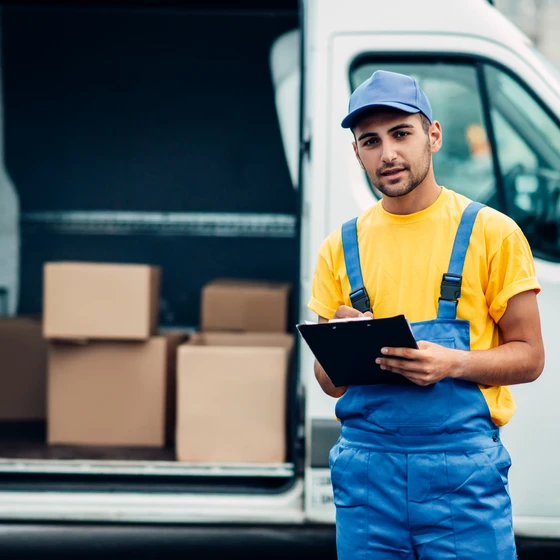 Un livreur devant un camion rempli de cartons note des informations pour souscrire un contrat lors d’un déménagement.