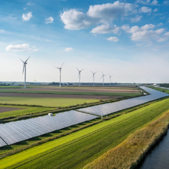 champs d'éoliennes et de panneaux solaires